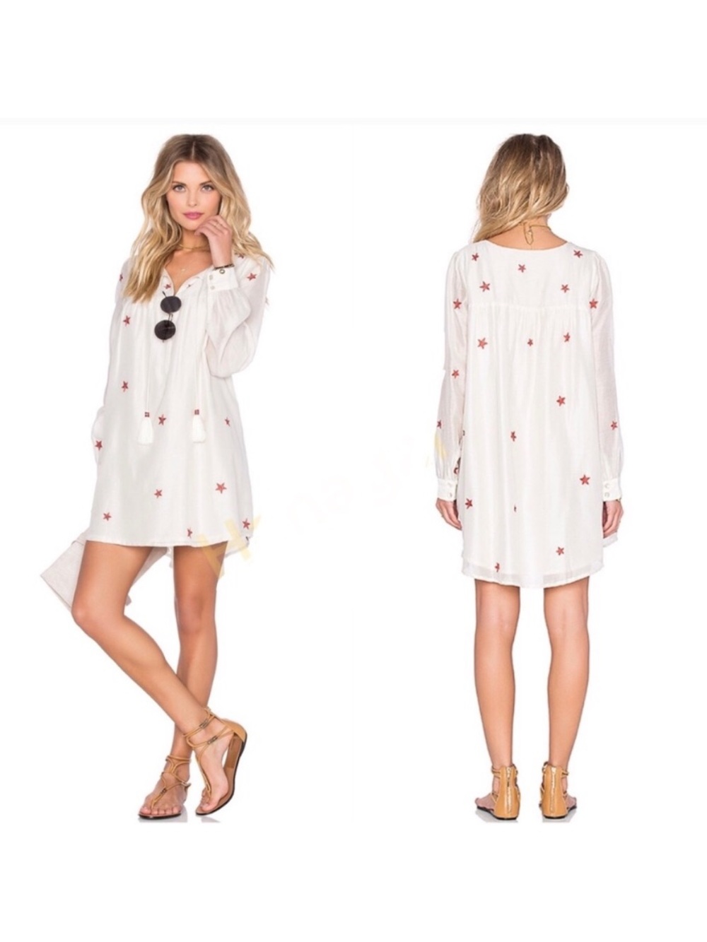 Tularosa White Mini Dress with Red Star Embroidery